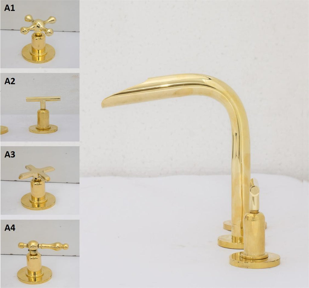 Unlacquered Brass 3-Hole Widespread Faucet, Deck Mount Bathroom Waterfall Faucet