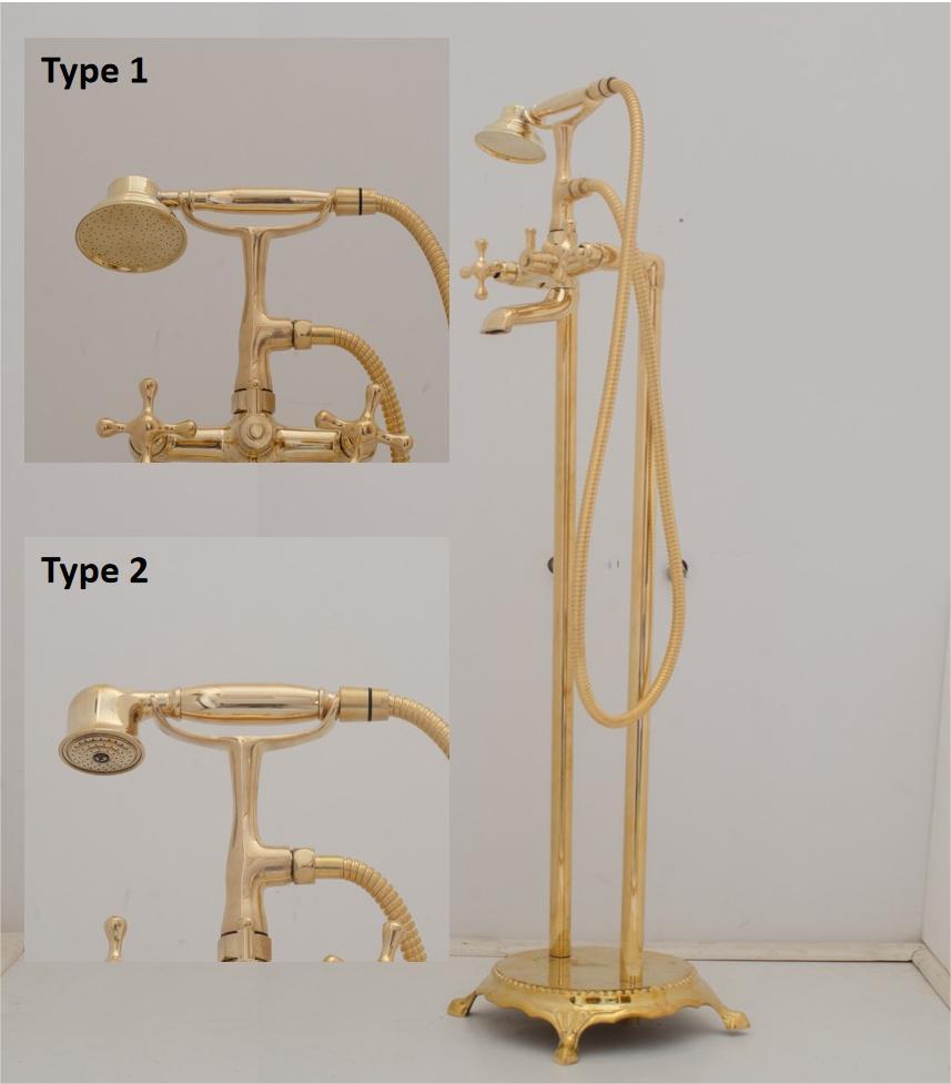 Unlacquered Brass Freestanding Tub Filler, Solid Brass Tub Faucet With Handheld, Floor Mount Bathtub Faucet
