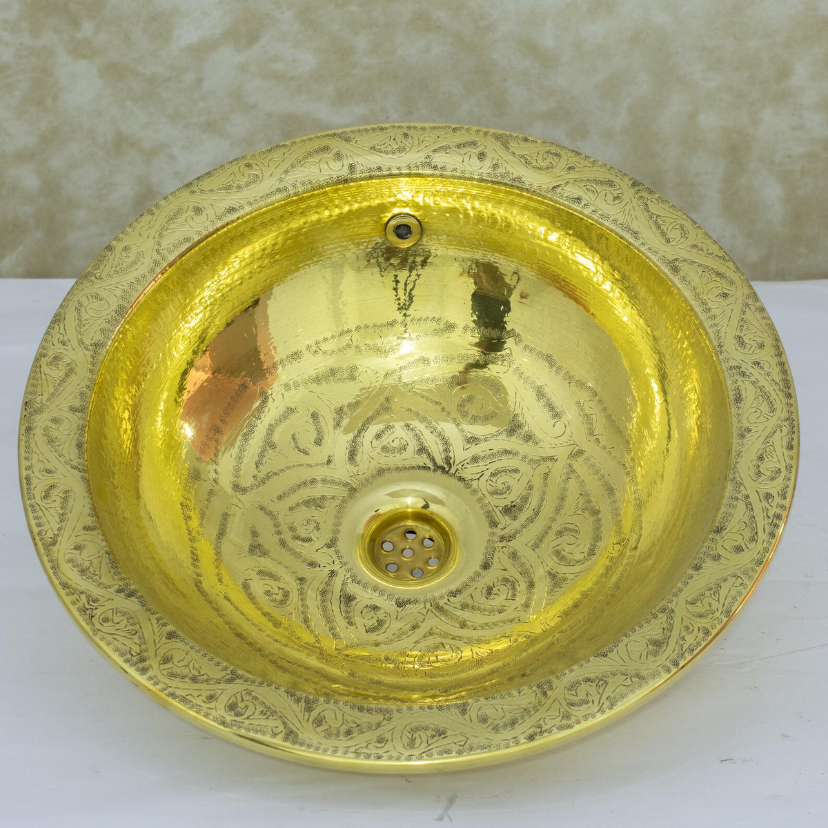 Engraved Brass Drop-in Sink, Bathroom Sink Round, Recessed Basin Sink, Brass Round Sink