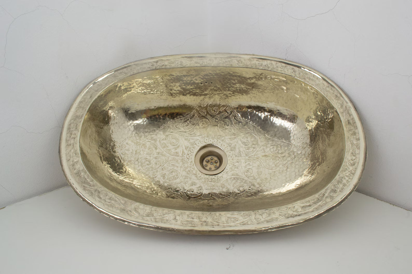 Engraved German Silver Sink, Moroccan Drop In Bathroom Vanity Sink (17.8”x11”)