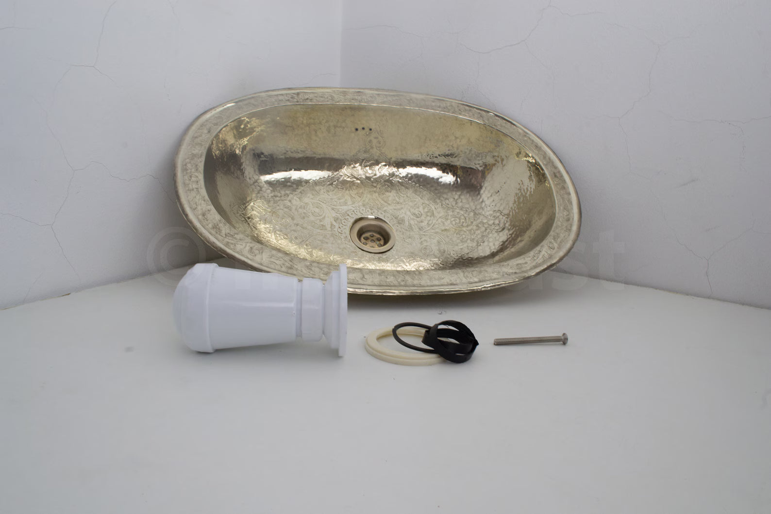 Engraved German Silver Sink, Moroccan Drop In Bathroom Vanity Sink (17.8”x11”)