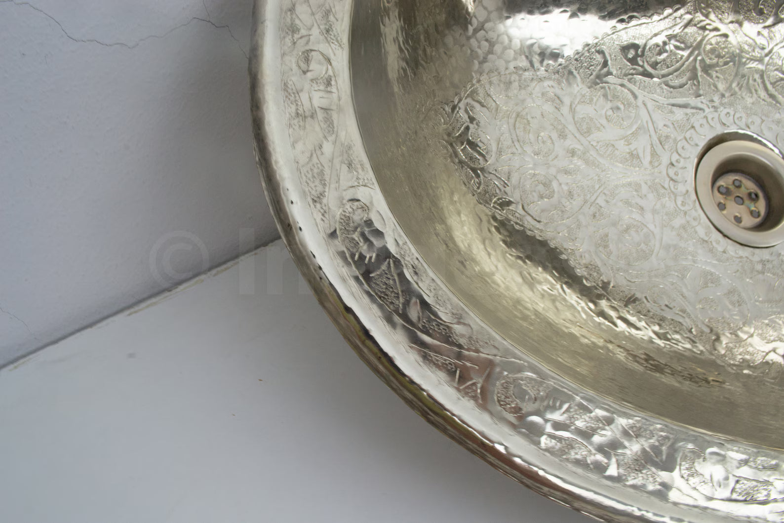 Engraved German Silver Sink, Moroccan Drop In Bathroom Vanity Sink (17.8”x11”)
