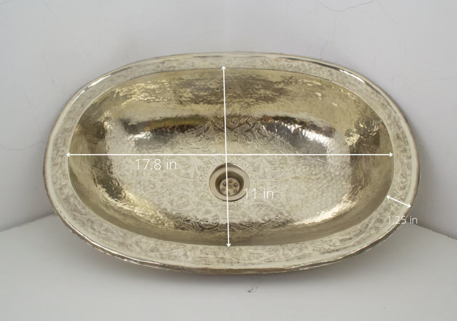 Engraved German Silver Sink, Moroccan Drop In Bathroom Vanity Sink (17.8”x11”)