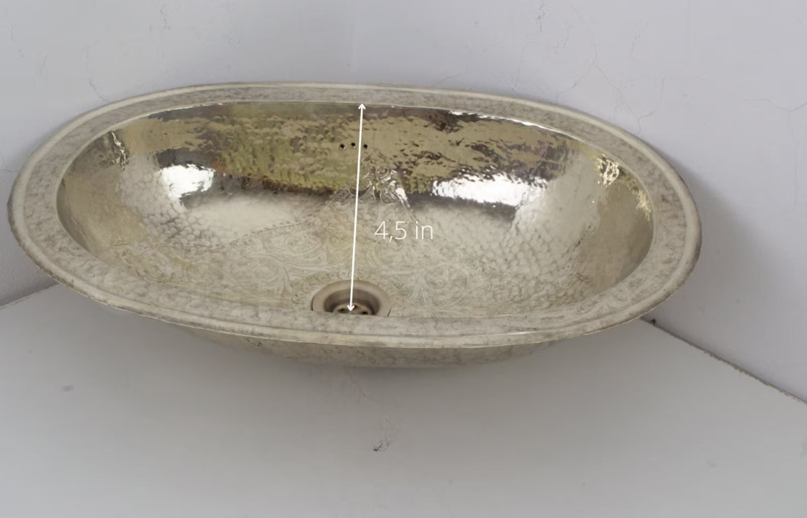 Engraved German Silver Sink, Moroccan Drop In Bathroom Vanity Sink (17.8”x11”)