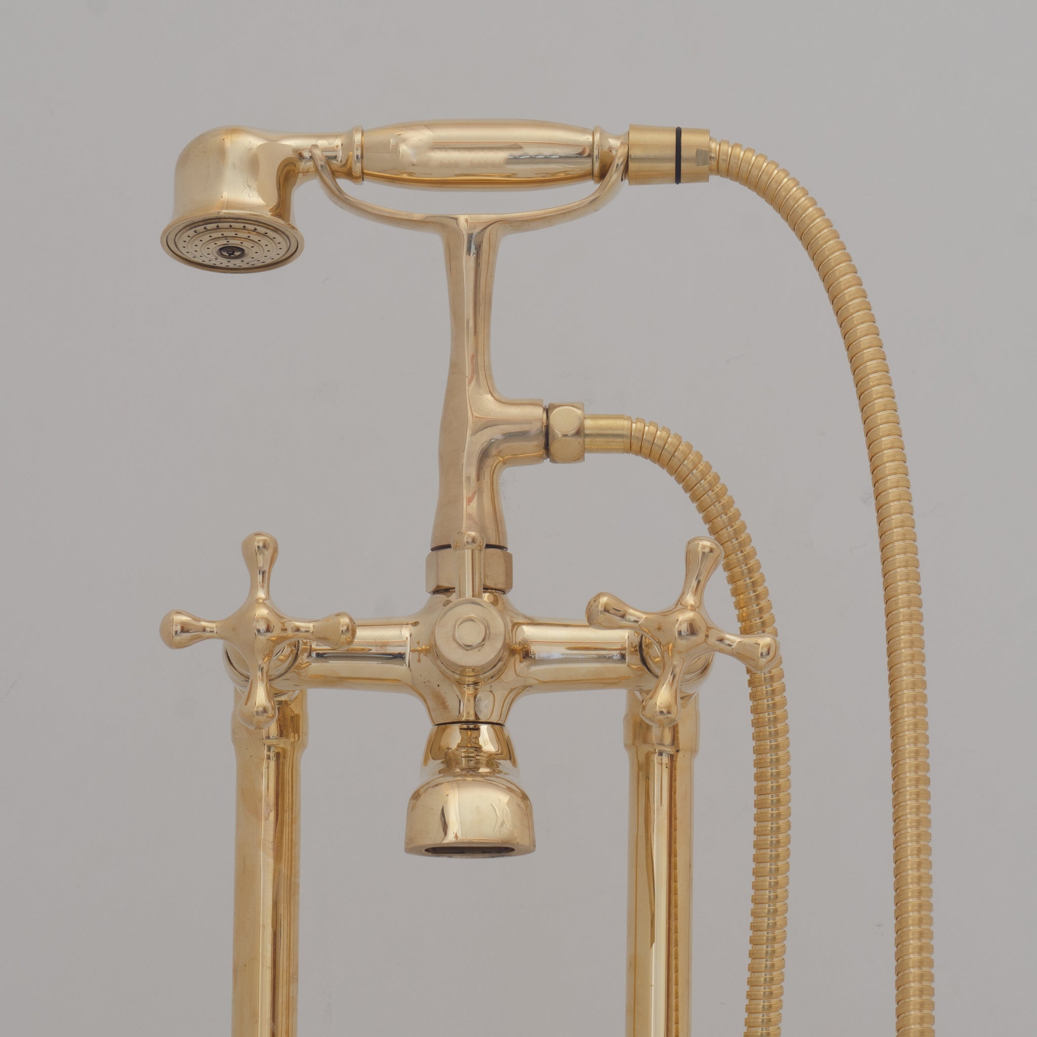 Unlacquered Brass Freestanding Tub Filler, Solid Brass Tub Faucet With Handheld, Floor Mount Bathtub Faucet