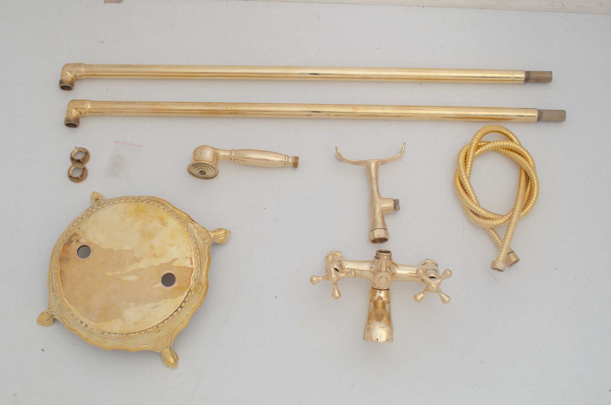 Unlacquered Brass Freestanding Tub Filler, Solid Brass Tub Faucet With Handheld, Floor Mount Bathtub Faucet