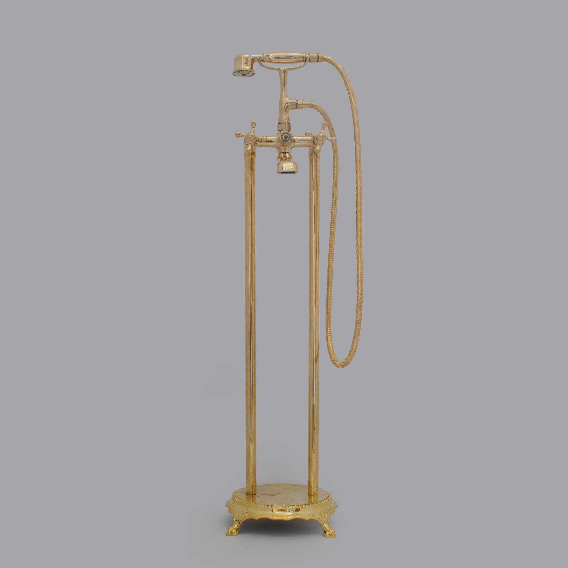Unlacquered Brass Freestanding Tub Filler, Solid Brass Tub Faucet With Handheld, Floor Mount Bathtub Faucet