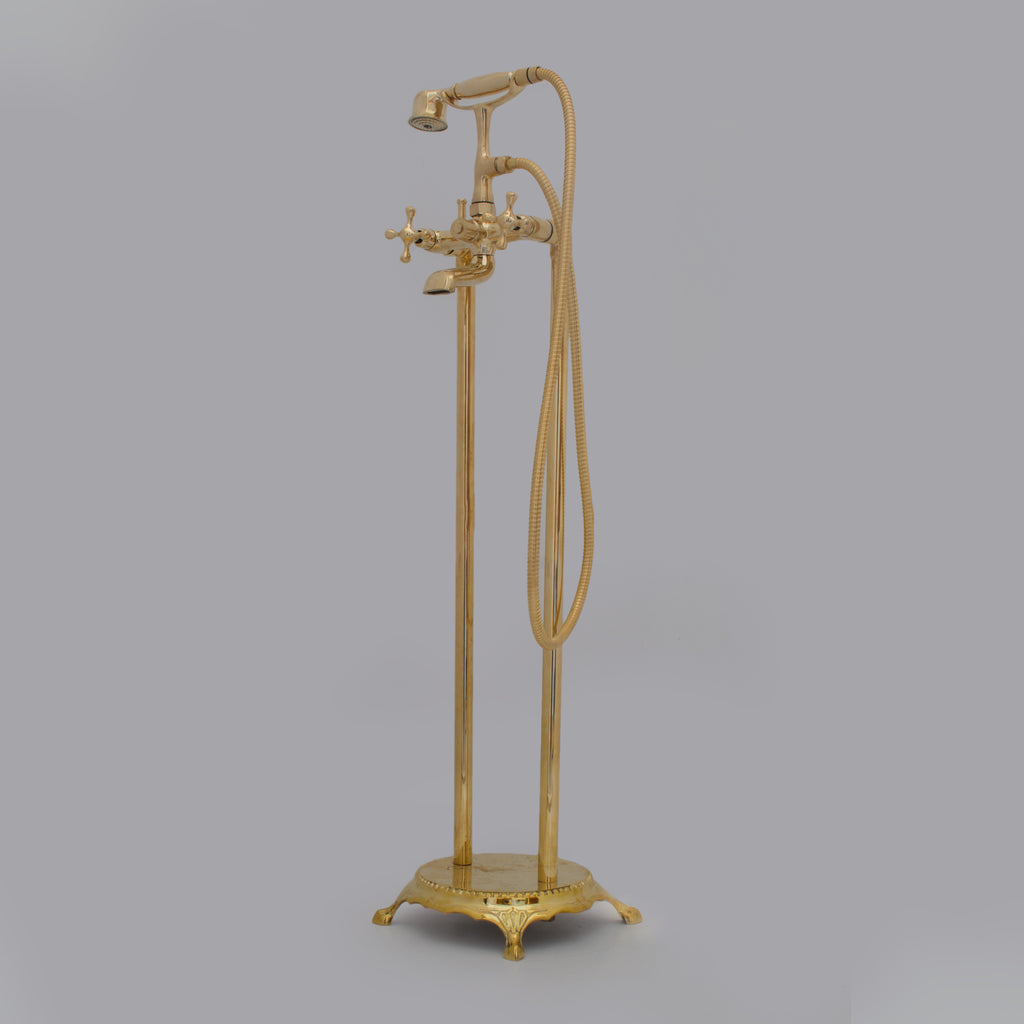 Unlacquered Brass Freestanding Tub Filler, Solid Brass Tub Faucet With Handheld, Floor Mount Bathtub Faucet