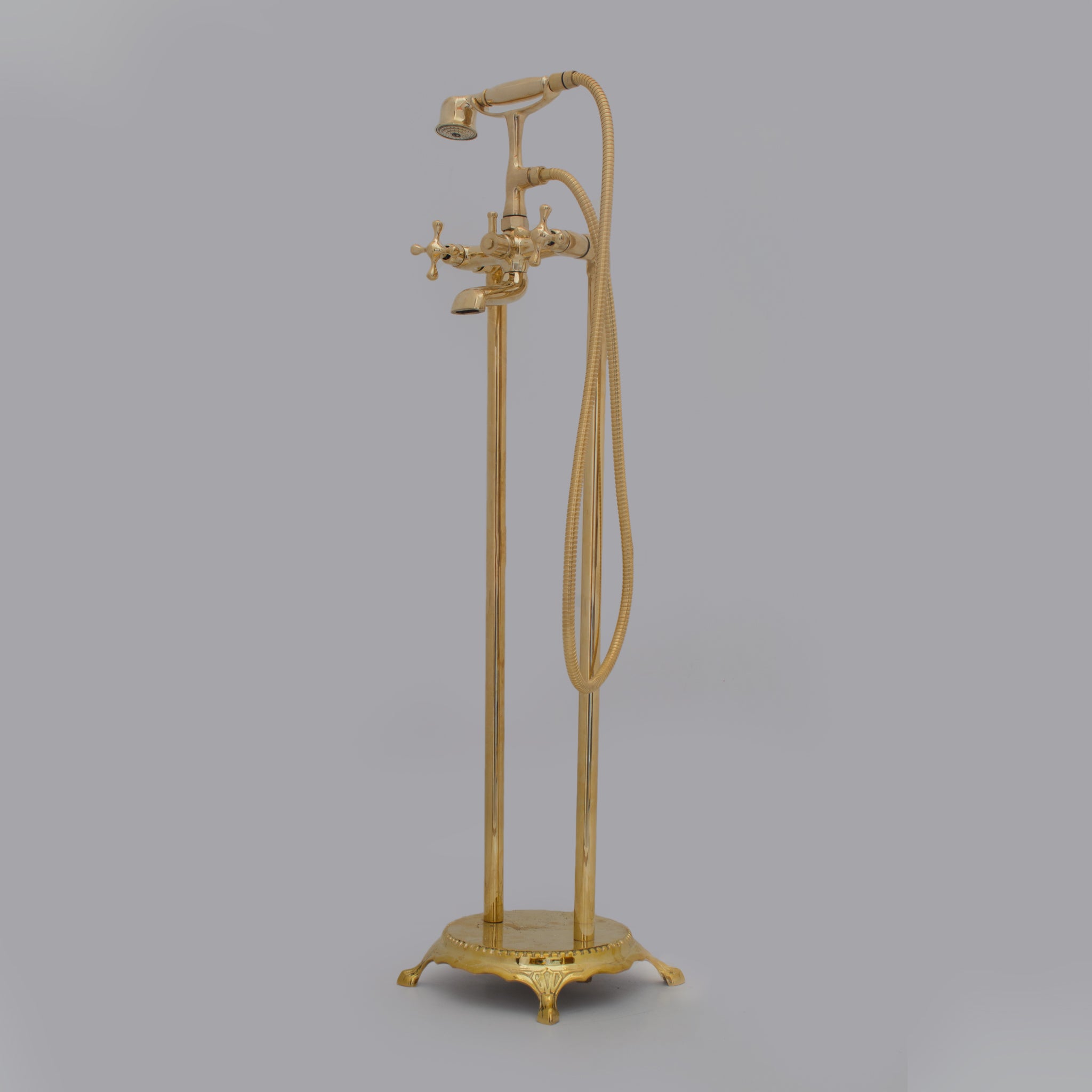 Unlacquered Brass Freestanding Tub Filler, Solid Brass Tub Faucet With Handheld, Floor Mount Bathtub Faucet