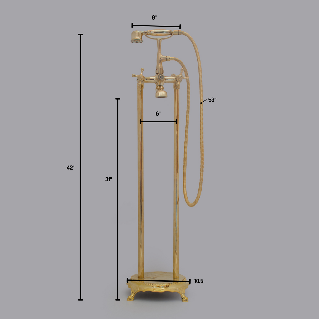 Unlacquered Brass Freestanding Tub Filler, Solid Brass Tub Faucet With Handheld, Floor Mount Bathtub Faucet