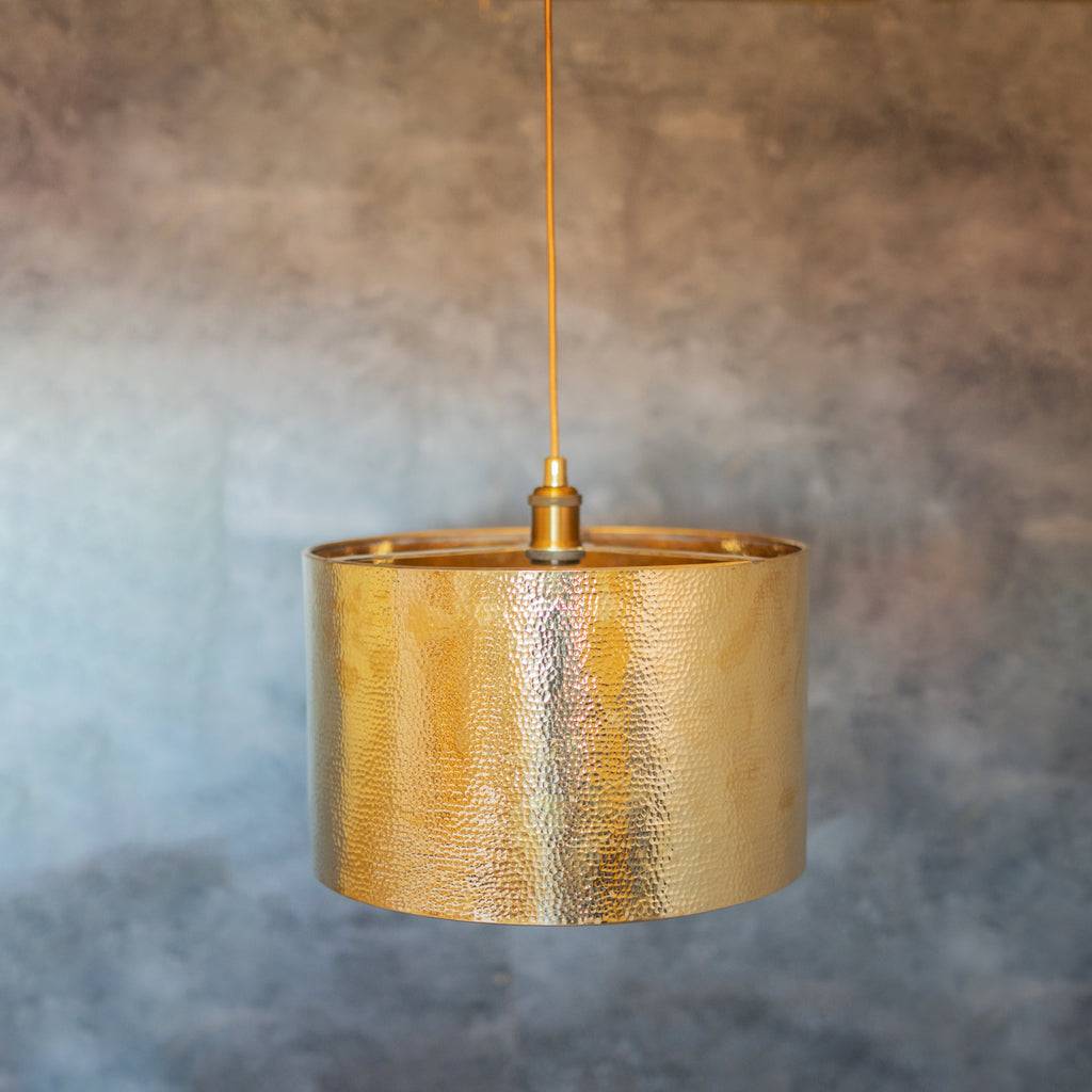 Hammered Brass Cylinder Pendant Light, Unlacquered Brass Pendant Light