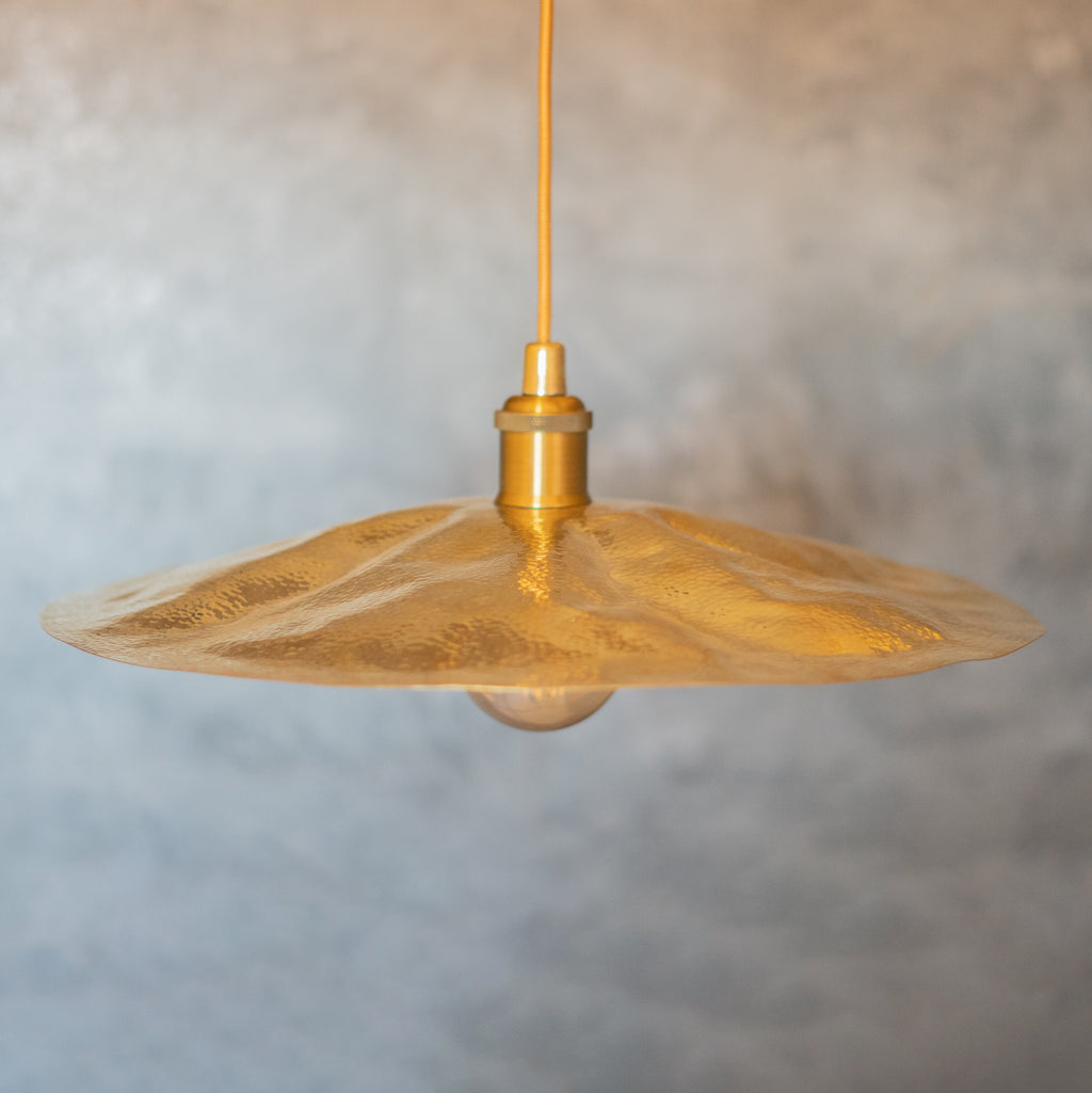 Hammered Brass Flat Disc Pendant Light, Brass Plate Lampshade, Flat Circle Shade