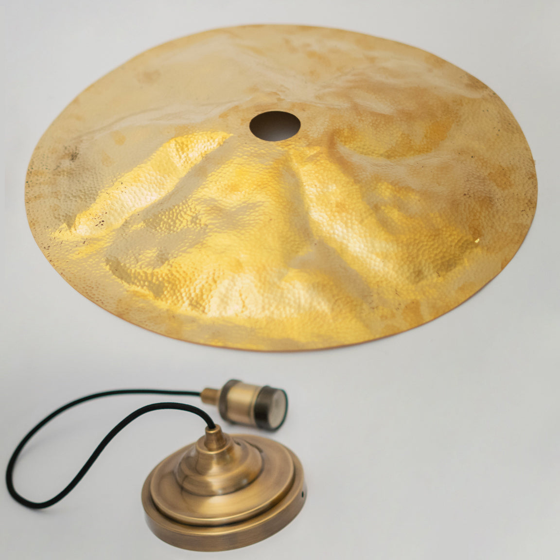 Hammered Brass Flat Disc Pendant Light, Brass Plate Lampshade, Flat Circle Shade