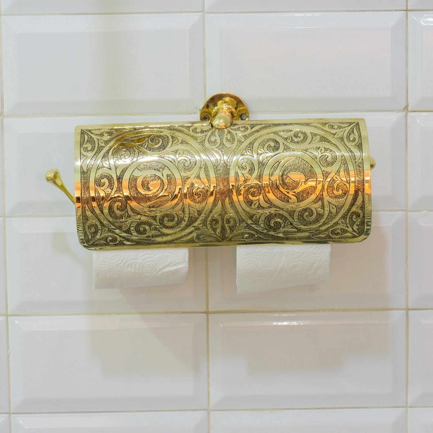 Handcrafted Unlacquered Brass Double Toilet Paper Holder | Engraved Sliding Cover