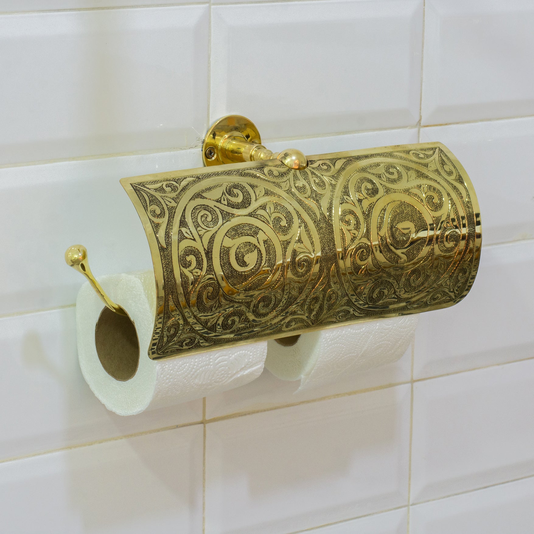 Handcrafted Unlacquered Brass Double Toilet Paper Holder | Engraved Sliding Cover