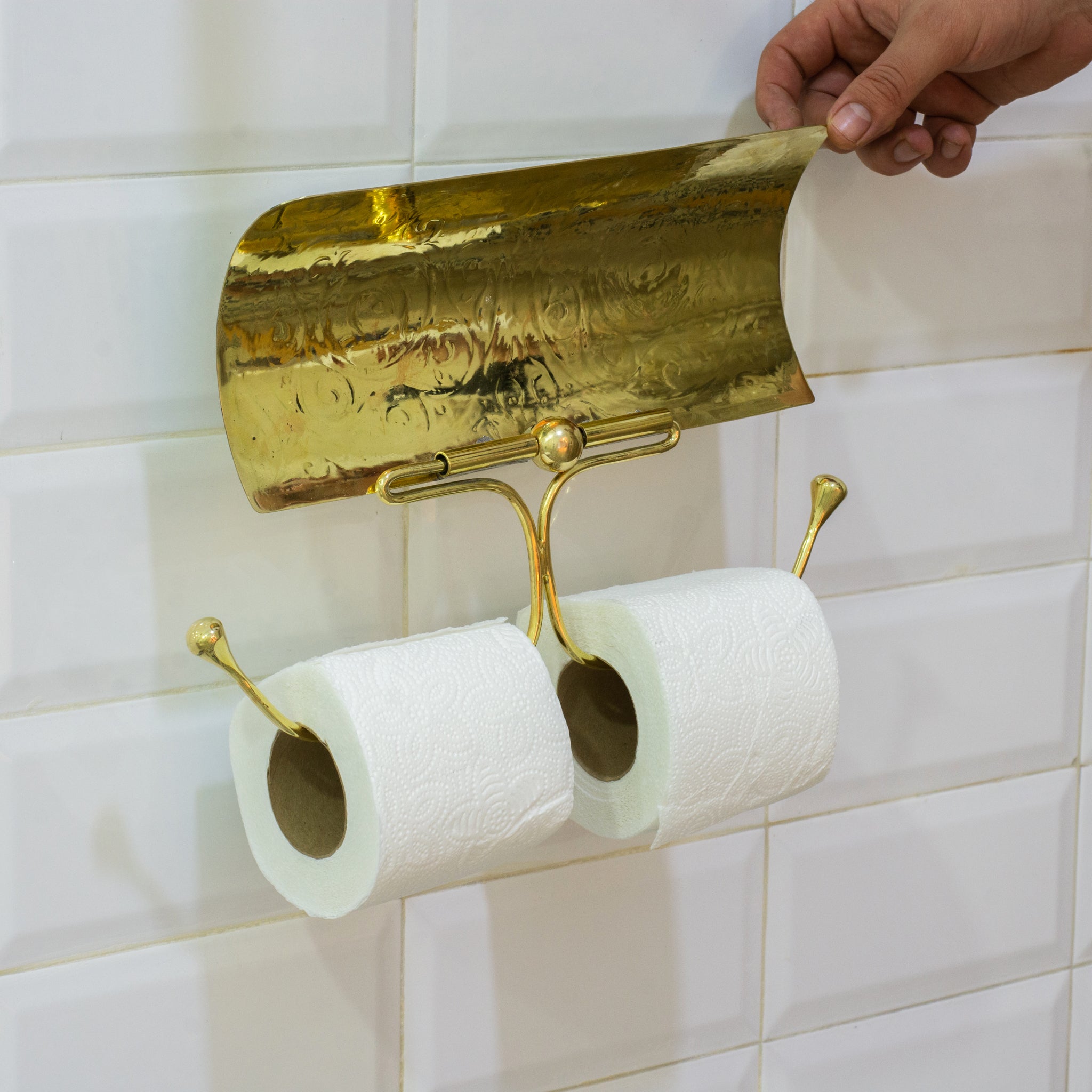 Handcrafted Unlacquered Brass Double Toilet Paper Holder | Engraved Sliding Cover