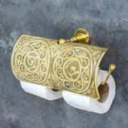 Handcrafted Unlacquered Brass Double Toilet Paper Holder | Engraved Sliding Cover