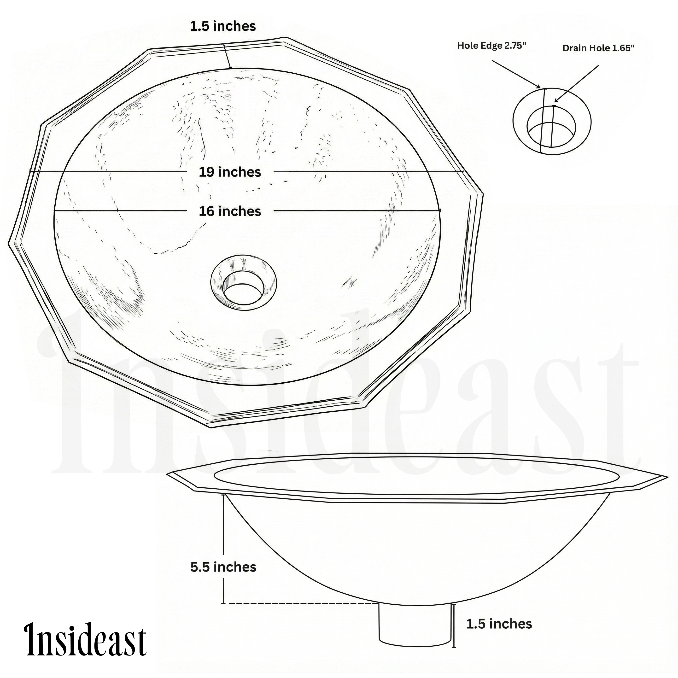Handcrafted Decagon Solid Brass Hammered Sink | Drop-In