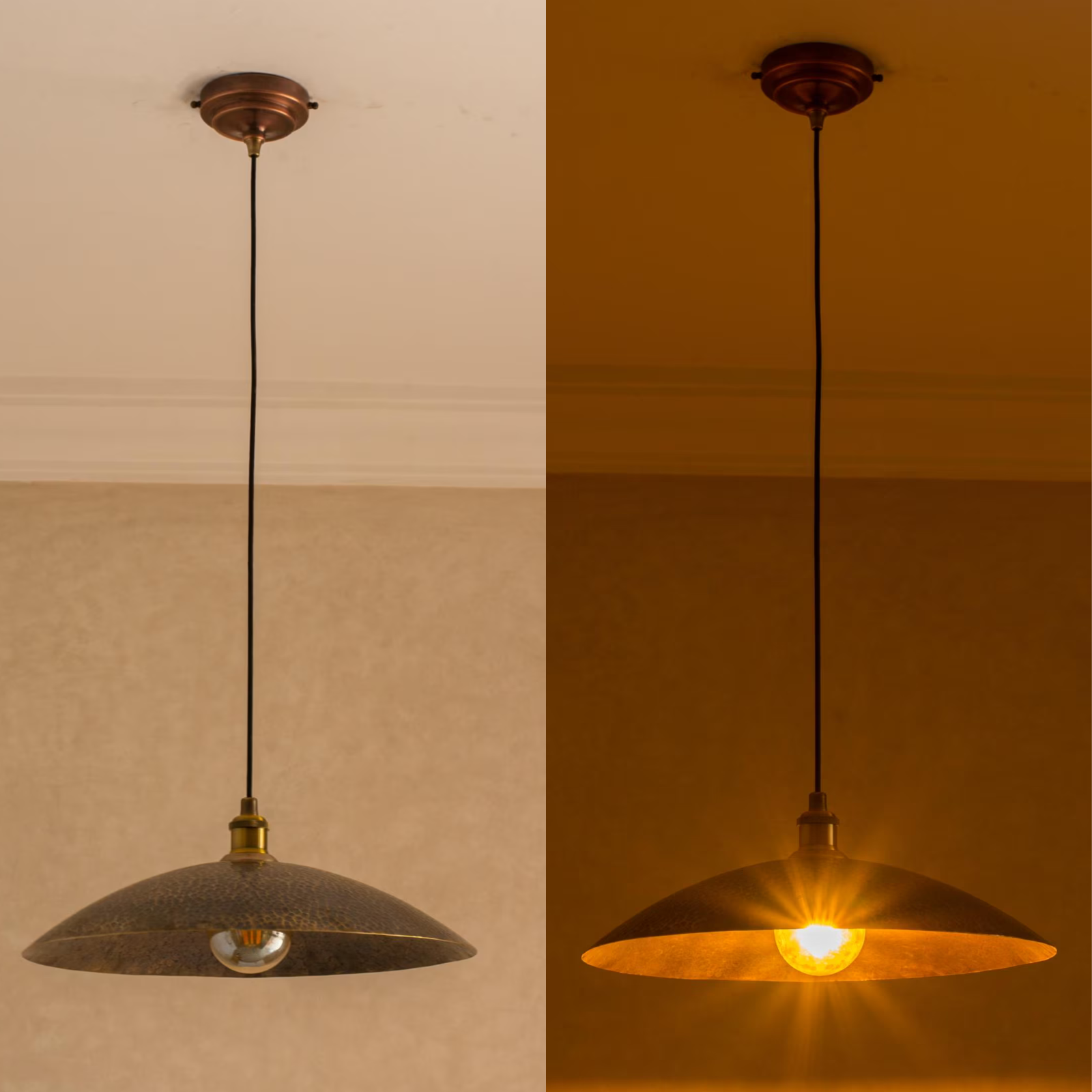 Hammered Pendant Light, Aged Brass Ceiling Shade, Hanging Dish Lamp
