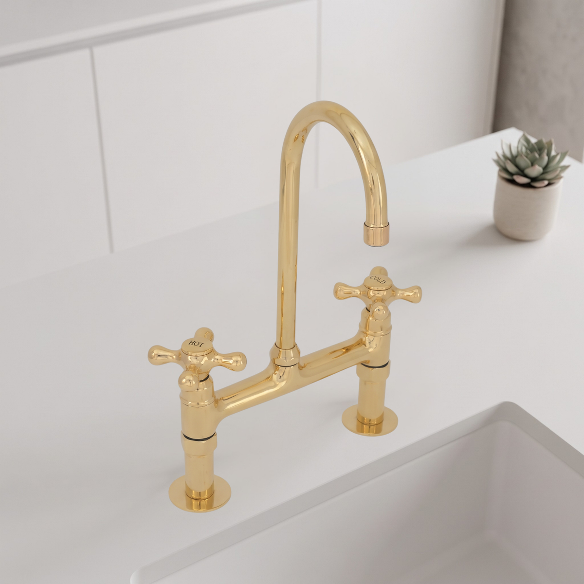 Heritage - Solid Brass Bridge Kitchen Faucet, Hot & Cold Cross Handles