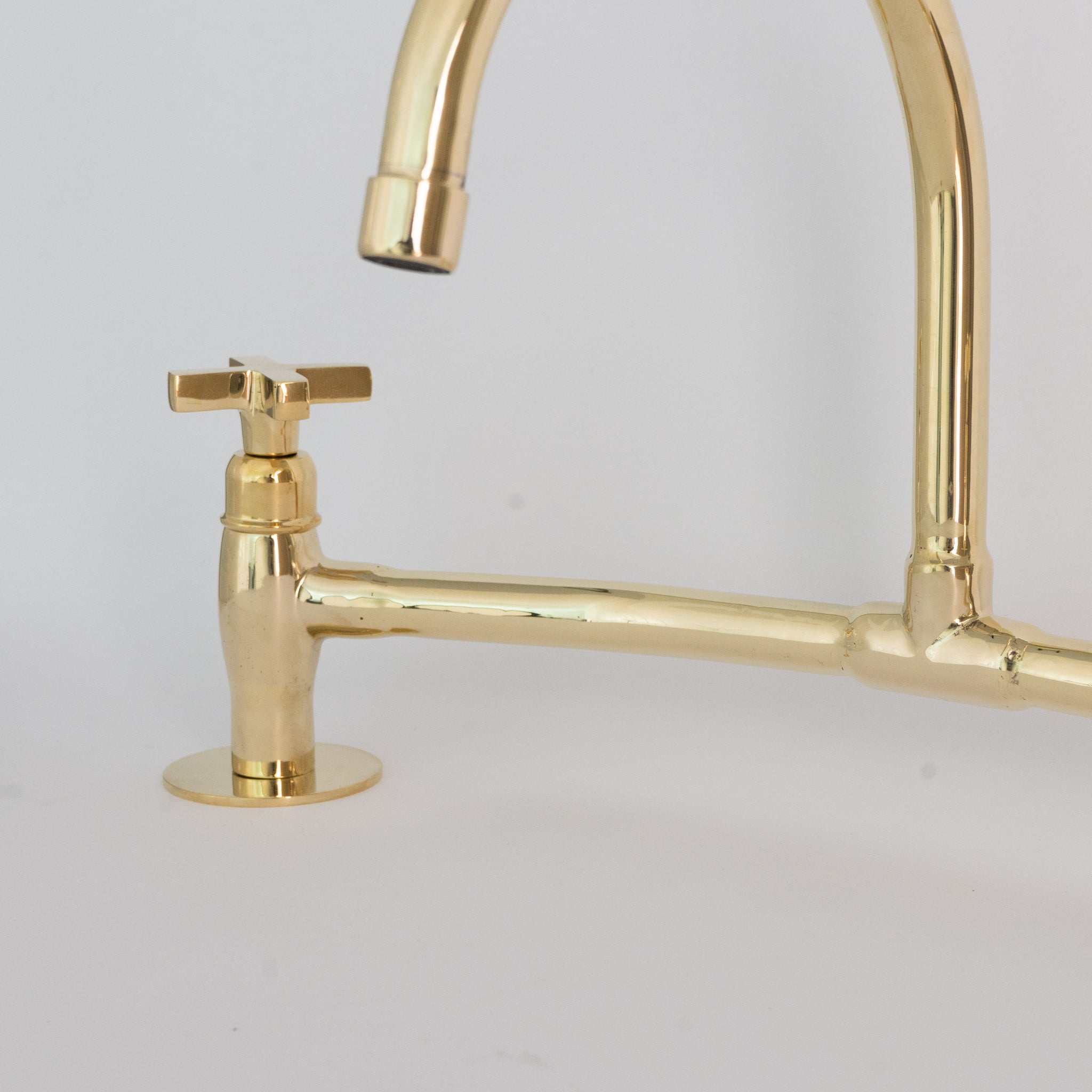 Unlacquered Brass Bridge Faucet, High Arc Gooseneck Sink Mixer with Cross Handles, Vintage Gold Deck Mount Tap