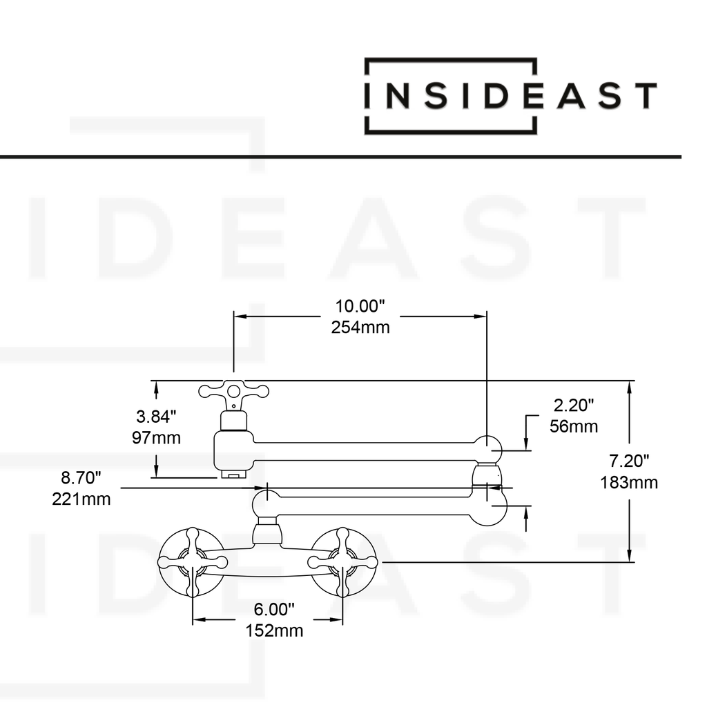 Unlacquered Brass Wall Mount Faucet, Brass Kitchen Faucet, Dual Handle Faucet