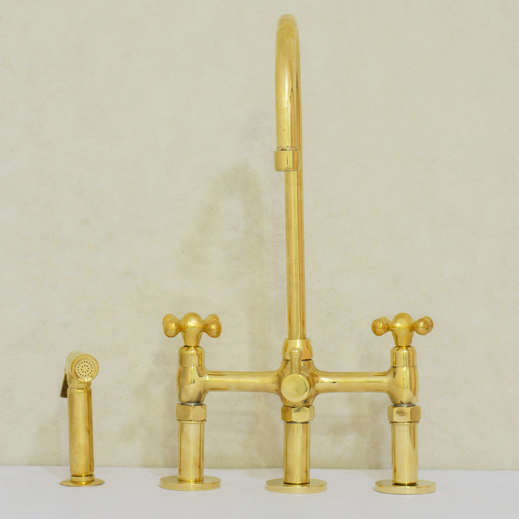 Unlacquered Brass 3-Hole Bridge Faucet With Sprayer, 3 Legs Faucet, Deck Mount Kitchen Faucet