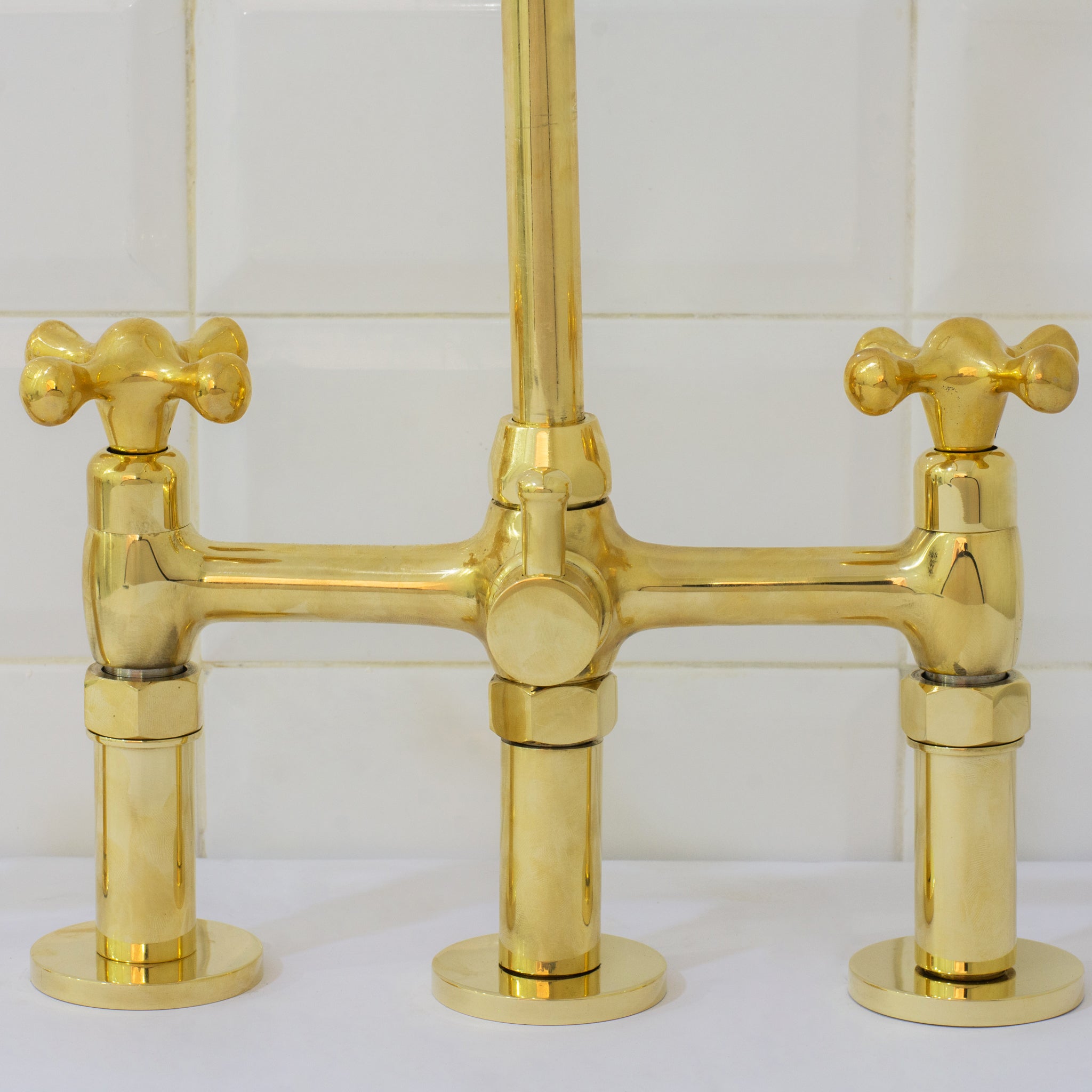 Unlacquered Brass 3-Hole Bridge Faucet With Sprayer, 3 Legs Faucet, Deck Mount Kitchen Faucet