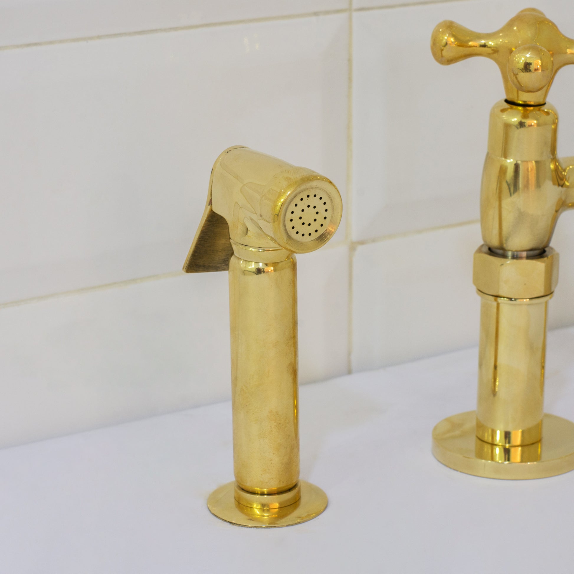 Unlacquered Brass 3-Hole Bridge Faucet With Sprayer, 3 Legs Faucet, Deck Mount Kitchen Faucet