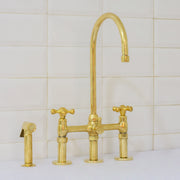 Unlacquered Brass 3-Hole Bridge Faucet With Sprayer, 3 Legs Faucet, Deck Mount Kitchen Faucet