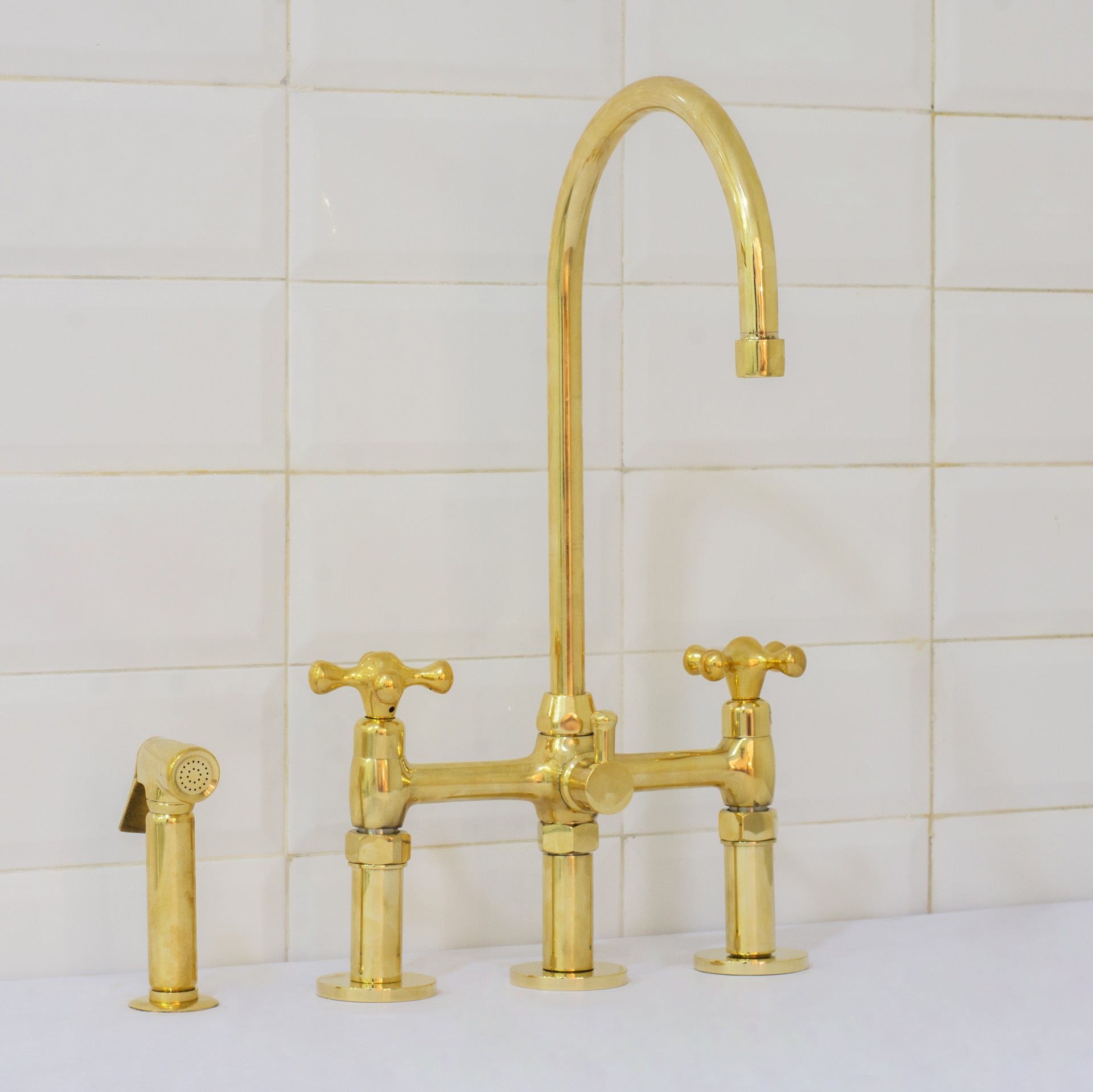 Unlacquered Brass 3-Hole Bridge Faucet With Sprayer, 3 Legs Faucet, Deck Mount Kitchen Faucet
