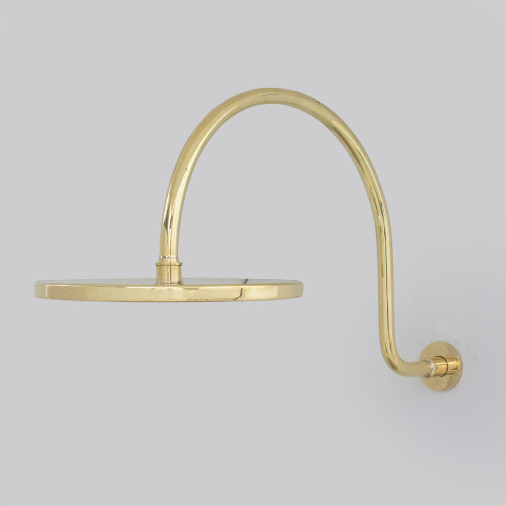 Unlacquered Brass Gooseneck Shower Arm With Rainfall Showerhead, Solid Brass Wall Mounted Shower Arm