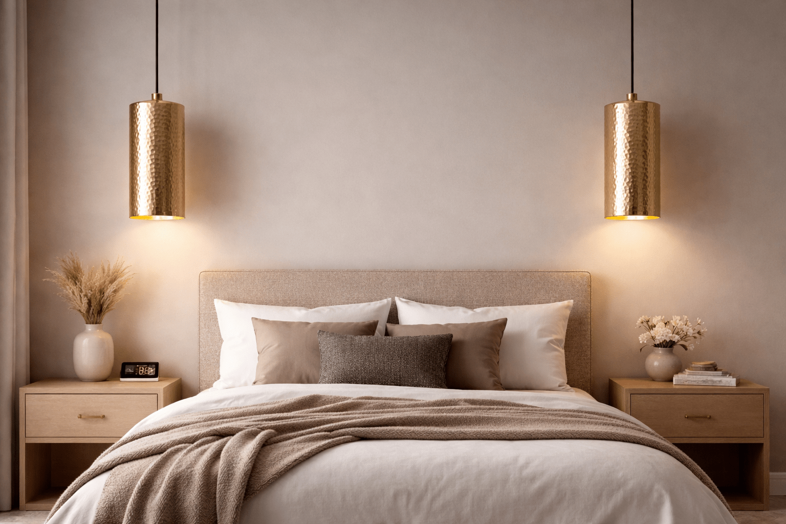 Two hammered brass cylinder pendant lights hanging on either side of a bed