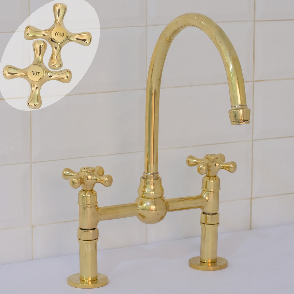 Grifo de puente de latón sin lacar, grifo para fregadero de cocina, manijas cruzadas simples