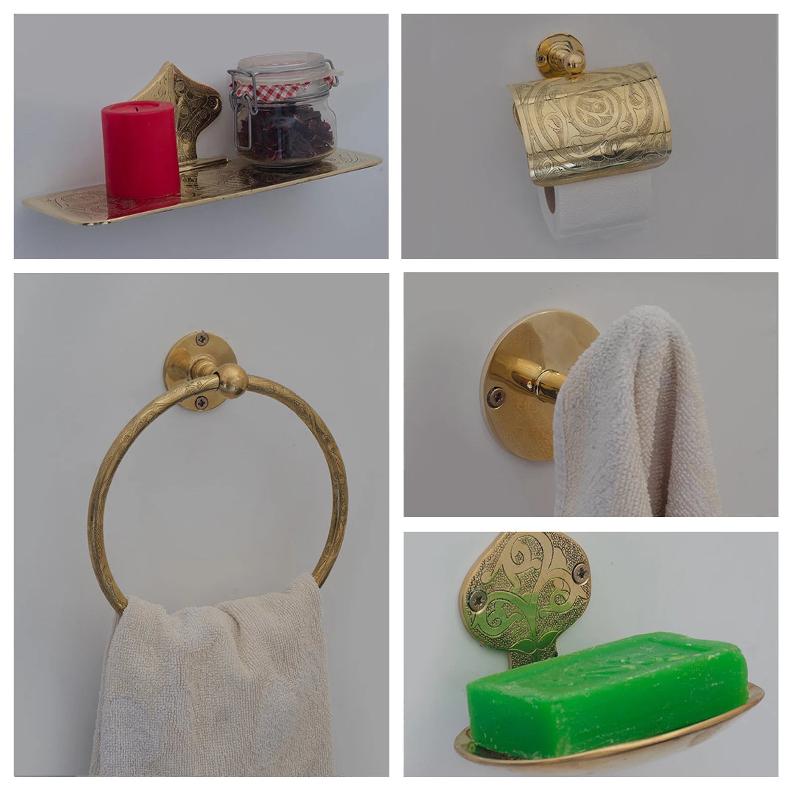 Moroccan Bathroom Furniture Wall Art, Brass Bath Set of 7