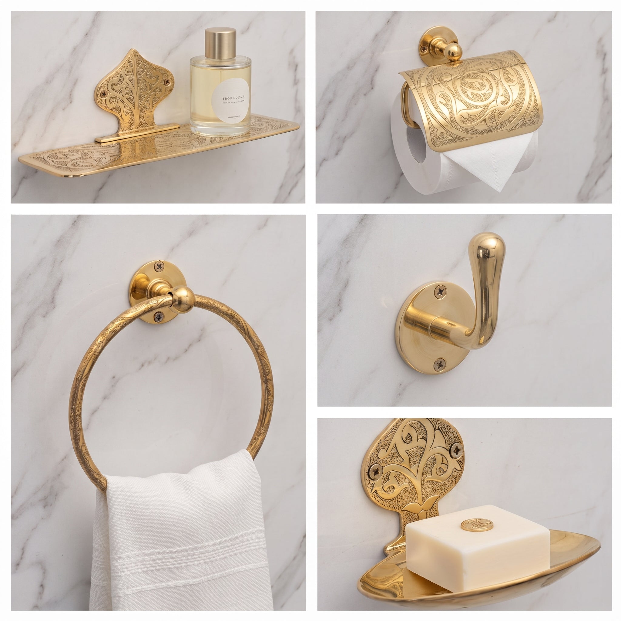 Moroccan Bathroom Furniture Wall Art, Brass Bath Set of 7