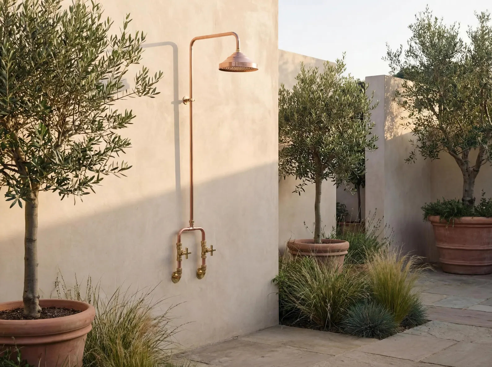Outdoor Copper Shower Fixture, Copper Rainfall Shower Hot And Cold, Rustic Outdoor Rain Shower
