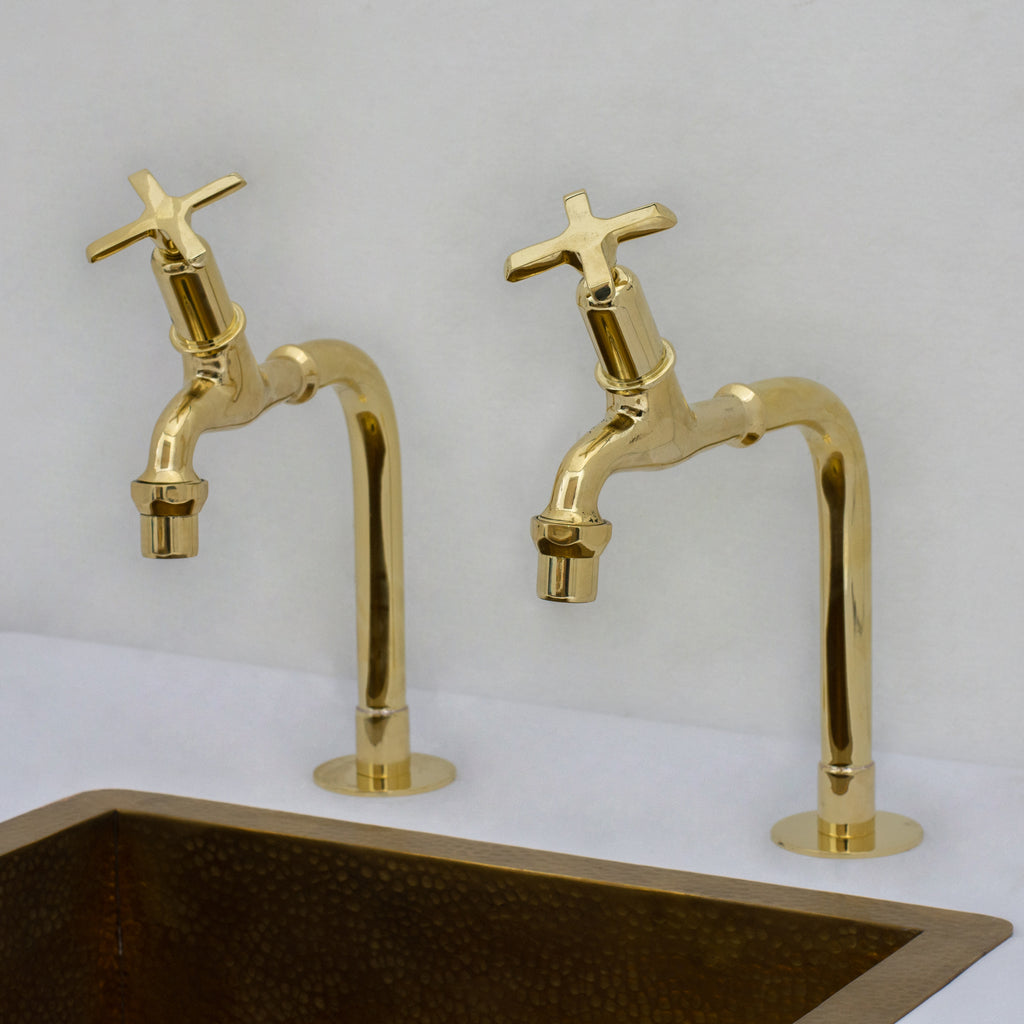 Solid Brass Deck-Mount Kitchen Bib Taps – Double Pillar Faucet Set for Hot & Cold Water