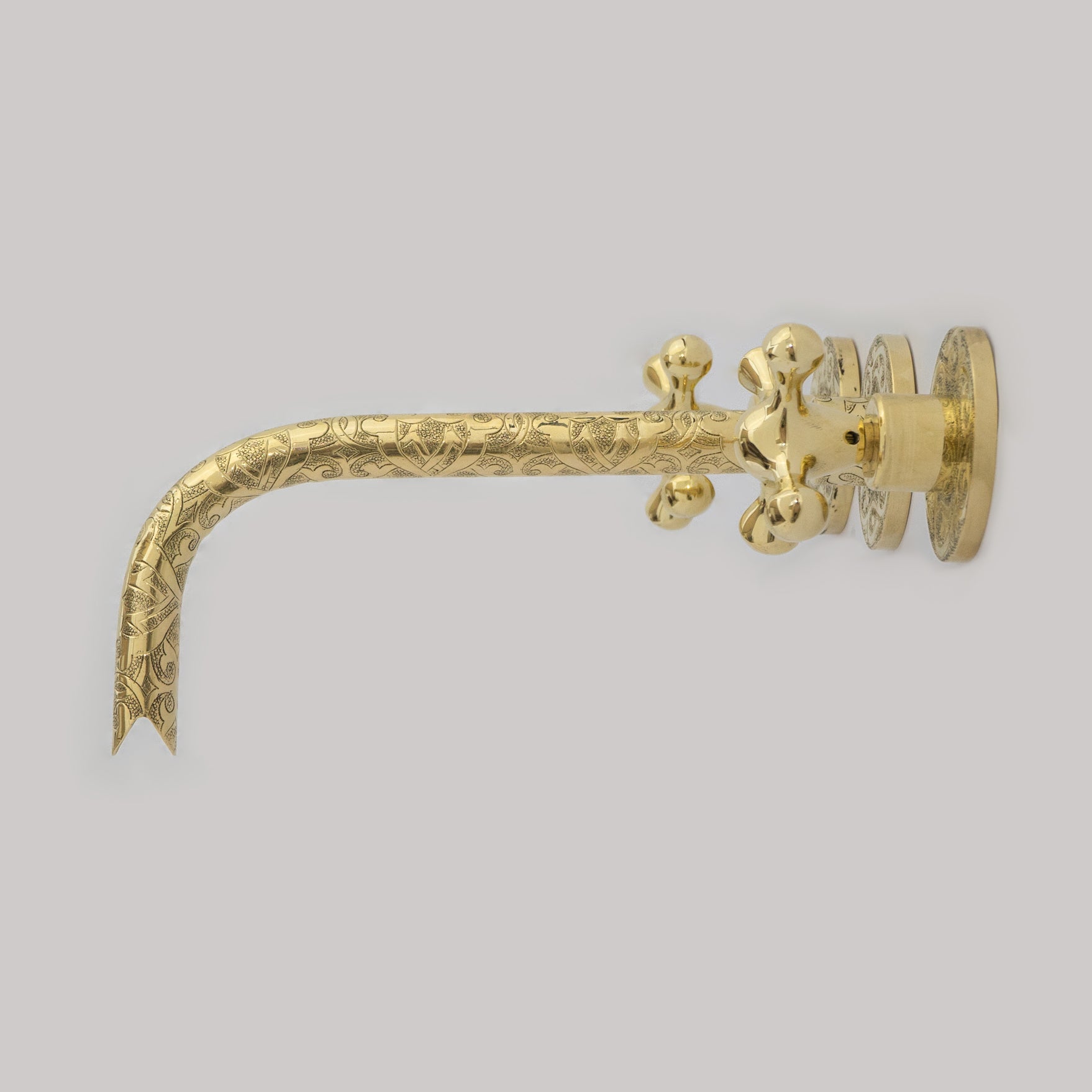 Unlacquered Brass Vintage Wall Mounted Bathroom Faucet with Gold Engraved Finish & Cross Handles