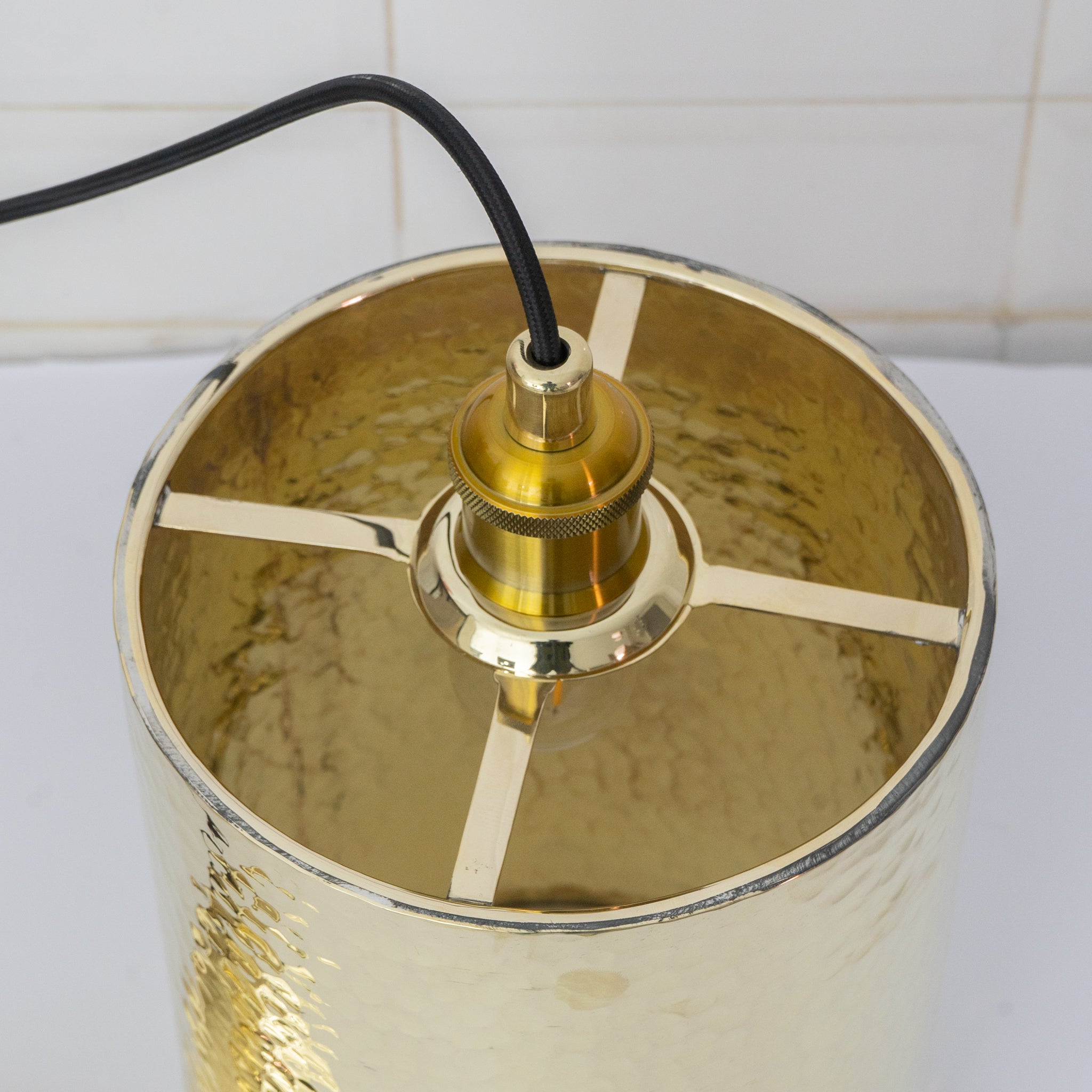 Handcrafted Hammered Brass Cylinder Pendant Light | Modern Tube Lamp - Insideast
