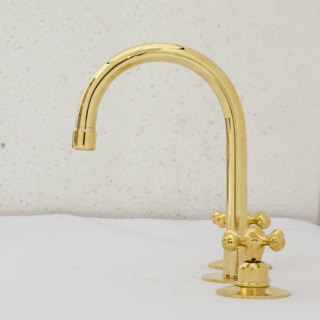 Deck Mounted Unlacquered Brass Faucet, Vanity Sink Faucet, Antique Brass Bathroom Faucet