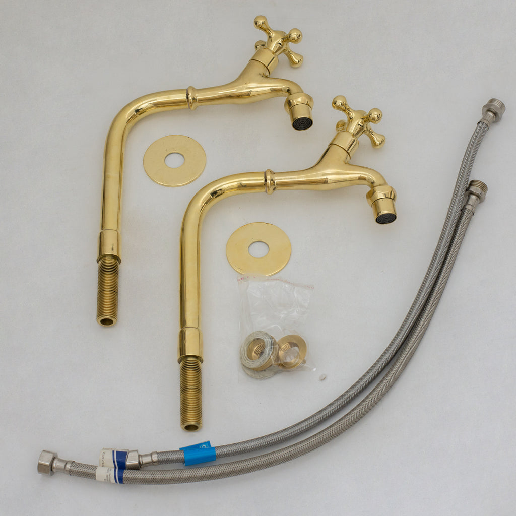 Solid Brass Kitchen Bib Taps, Deck Mount Pillar Taps, Kitchen Double Faucet Set, Hot and Cold Pillar Taps