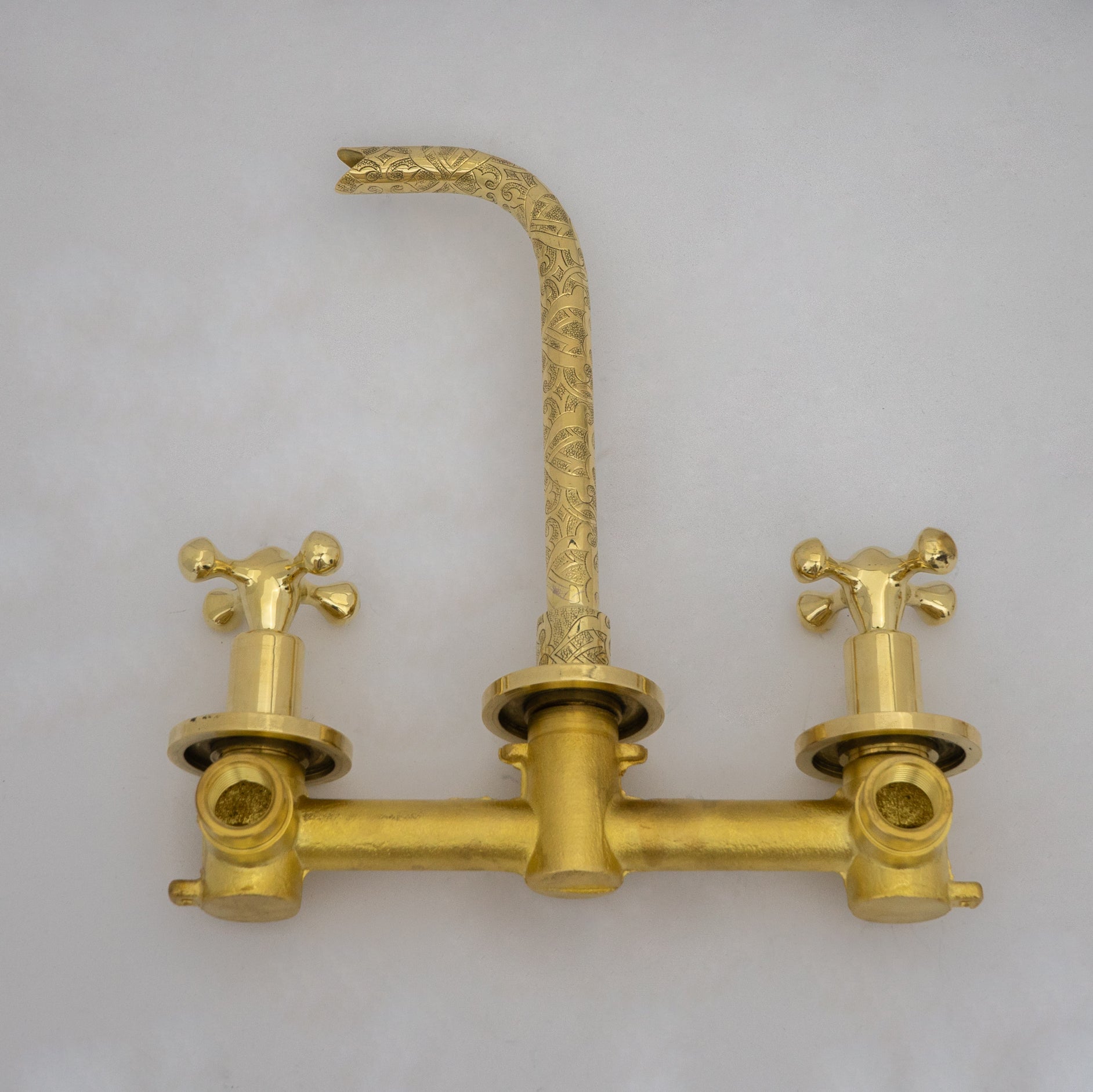 Unlacquered Brass Vintage Wall Mounted Bathroom Faucet with Gold Engraved Finish & Cross Handles