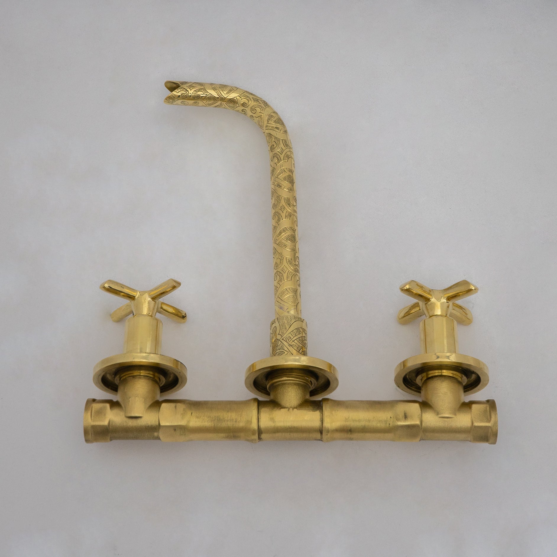 Unlacquered Brass Vintage Wall Mounted Bathroom Faucet with Gold Engraved Finish & Cross Handles