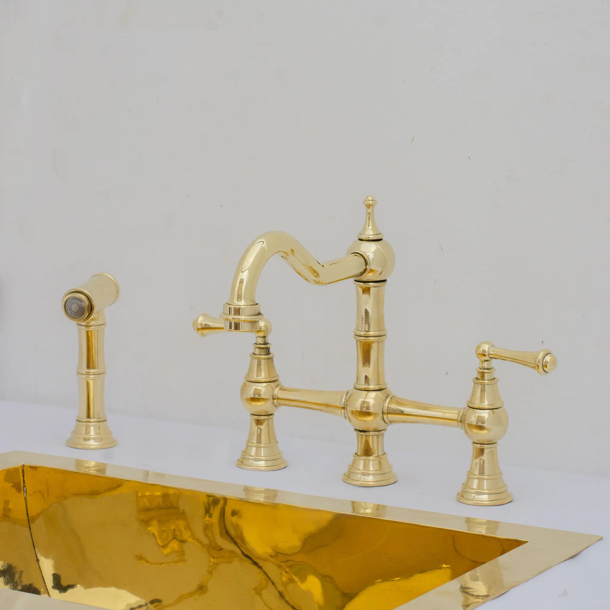 Unlacquered Brass Faucet, Kitchen Victorian Bridge Faucet with Sprayer, 3 Holes Faucet, Lever Handles