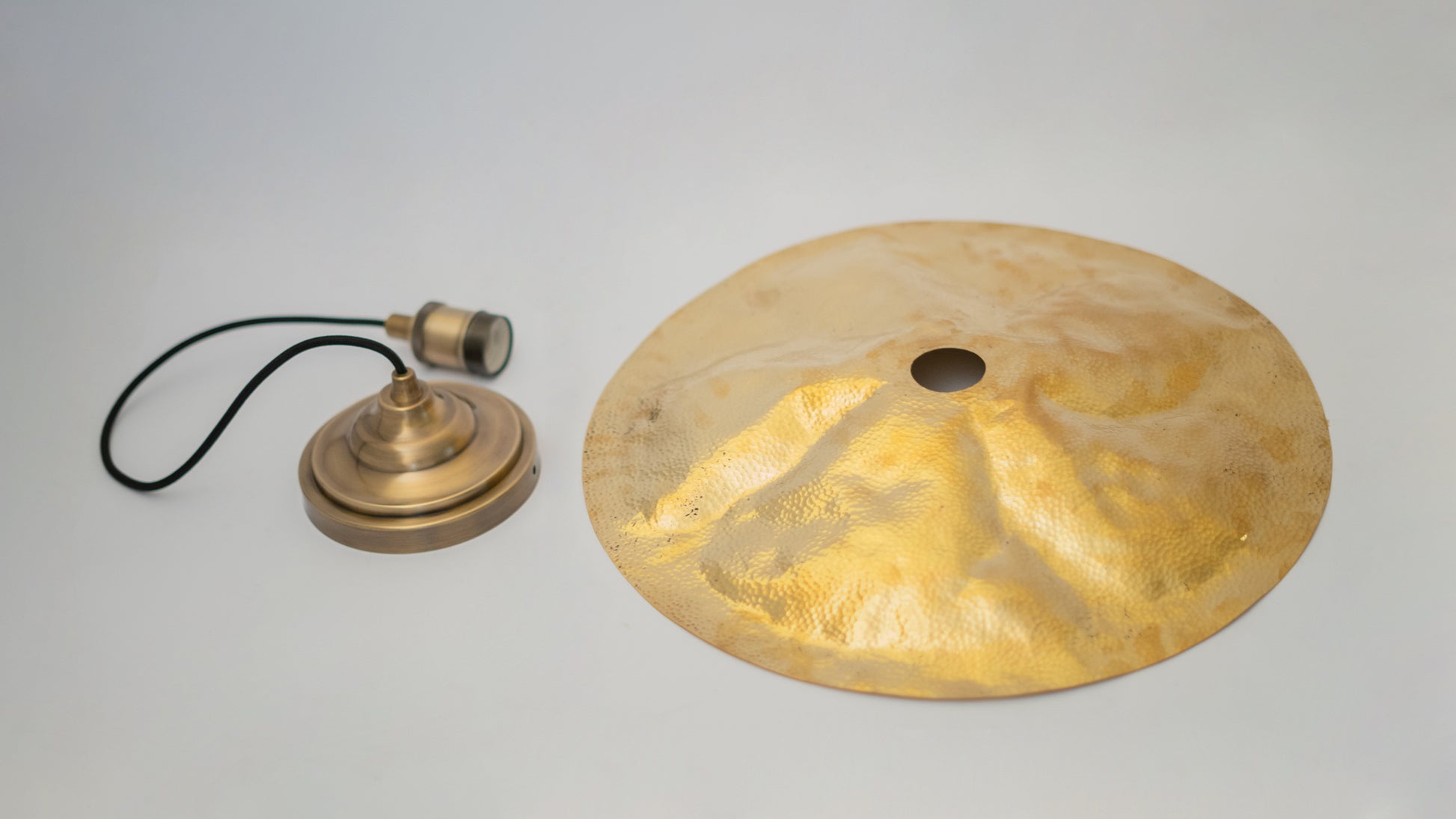 Hammered Brass Flat Disc Pendant Light, Brass Plate Lampshade, Flat Circle Shade