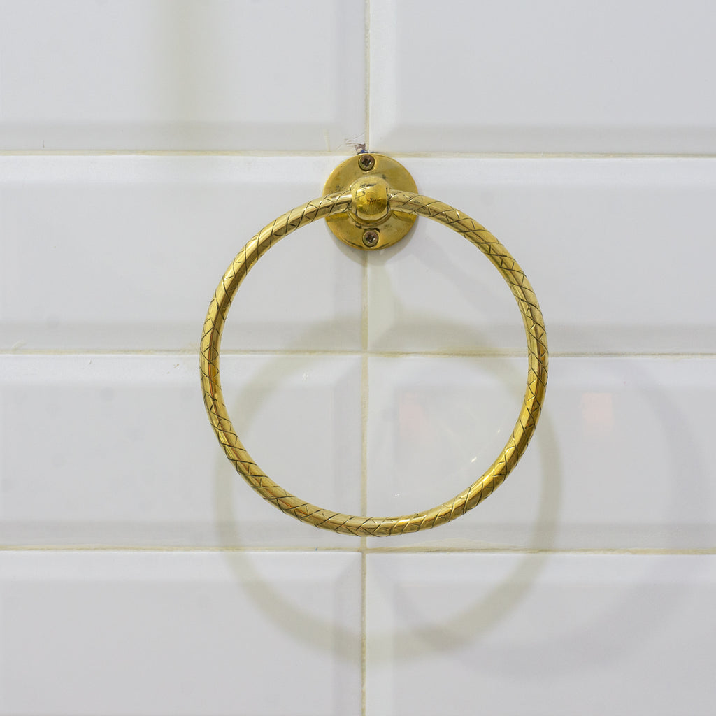 Unlacquered Brass Bathroom Towel Holder, Wall Mount Brass Towel Holder, Hand Etched Towel Ring