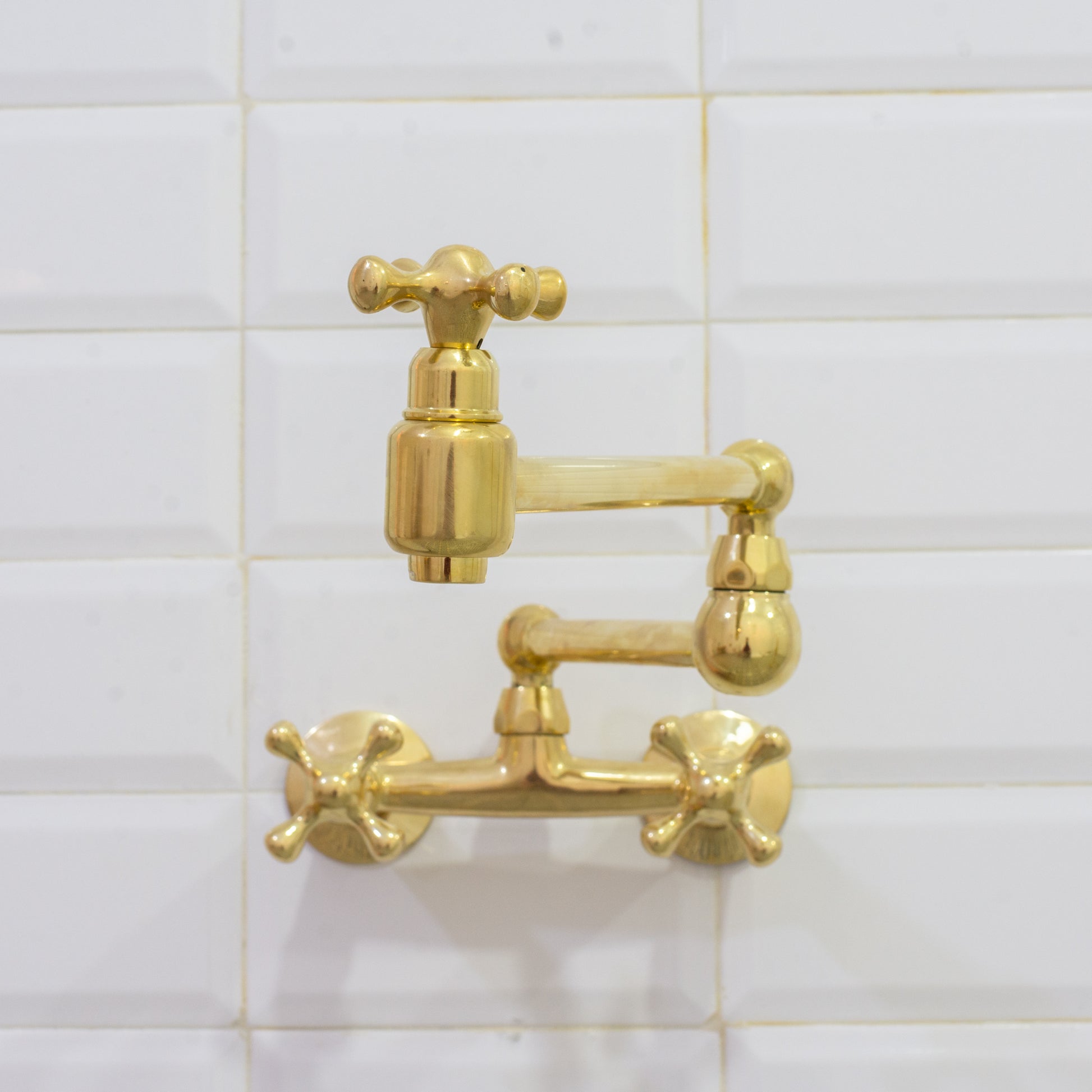 Unlacquered Brass Wall Mount Faucet, Brass Kitchen Faucet, Dual Handle Faucet