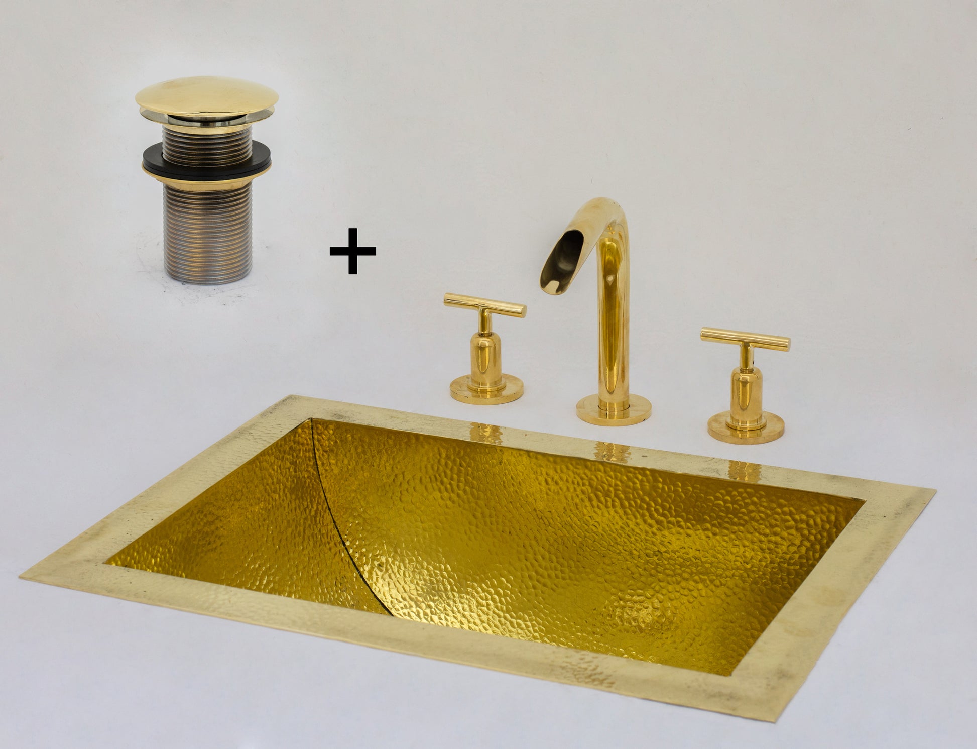 Solid Brass Undermount Bathroom Sink, Hammered Drop-in Vanity Sink With 3-Hole Waterfall Faucet, Undermount Deep Curved Basin