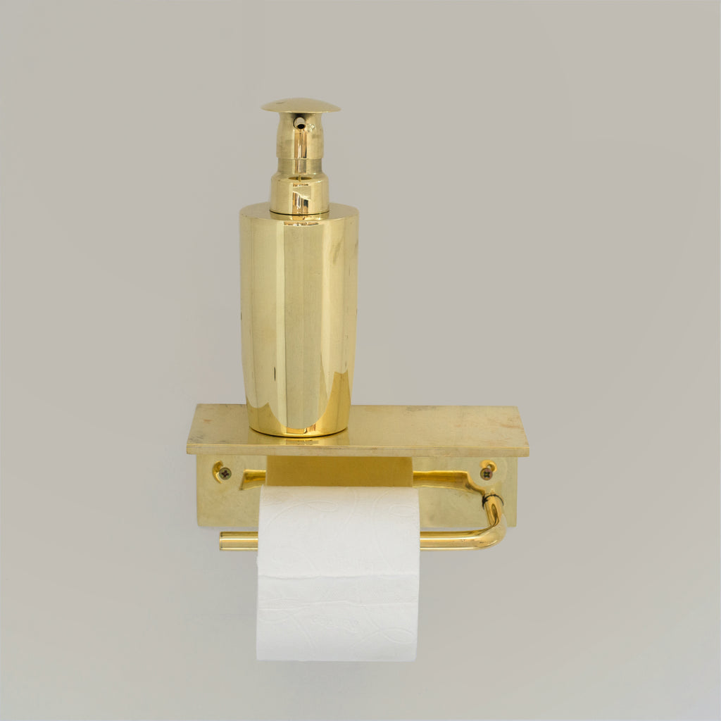 Unlacquered Brass Bathroom Floating Shelf With Hook, Wall Mount Shelf With Toilet Paper Holder